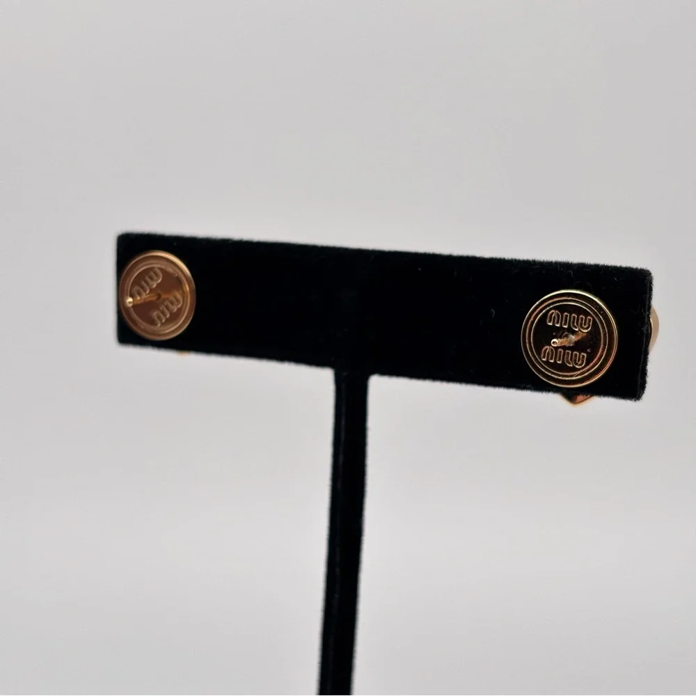 Miu Miu Pink Heart Logo Enamel Gold-Tone Stud Earrings - Picture 4 of 5
